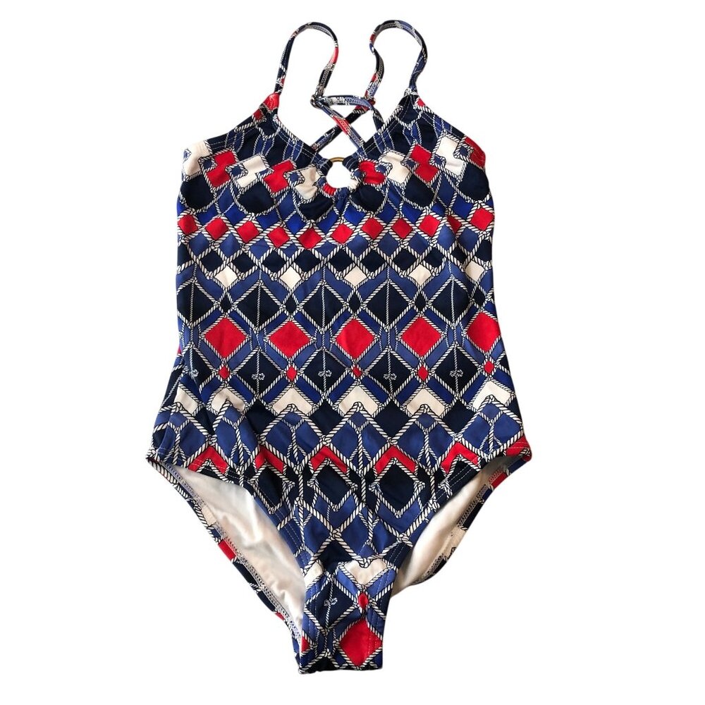 Ondademar Girls One Piece Swimsuit Geometric Navy Blue Red 10
